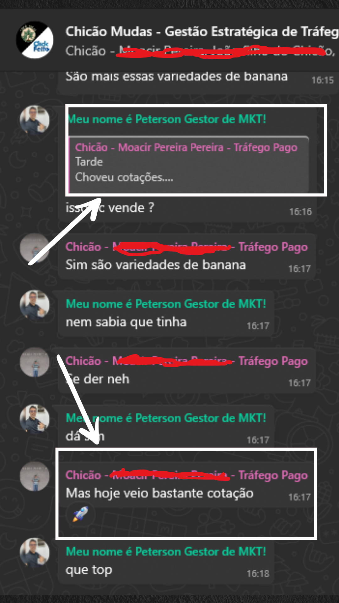 Mensagem de cliente relatando aumento de cotações após o trabalho de tráfego